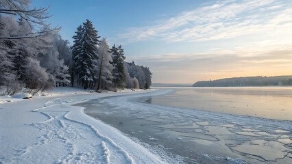 Fototapeta premium Frozen lake shore with ice fragments and snowy forest at sunset under cloudy sky