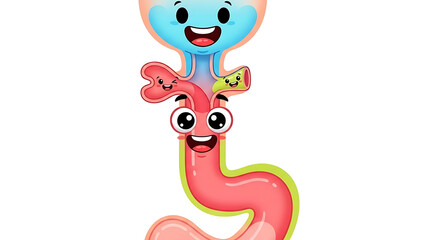 Cute Cartoon Illustration of Human Digestive System Organs, Featuring the Stomach and Small Intestine with Smiling Faces