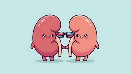 Charming illustration of two happy cartoon kidneys, symbolizing human health and vital organ function with a friendly and educational approach