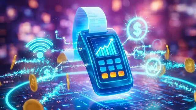Cinematic Wireless Payment Terminal with Rising Chart, Curling Receipt, Orbiting Golden Bitcoin Coins, Cyan Neon Holographics, Crypto Transaction Scene