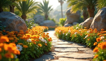 Stone pathway curves through vibrant garden beds filled with orange and white blossoms. Palm trees and large rocks create a serene tropical landscape. Sunny daylight illuminates lush green foliage.