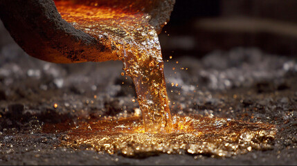 Molten metal pouring in a fiery stream, showcasing intense heat, industrial process, and dynamic flow with glowing liquid metal in a high-energy manufacturing scene
