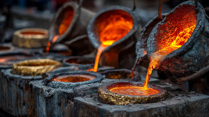 Molten metal pouring in a fiery stream, showcasing intense heat, industrial process, and dynamic flow with glowing liquid metal in a high-energy manufacturing scene
