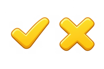 Yellow glossy check mark and cross icons representing approval, rejection, choice, correct and incorrect
