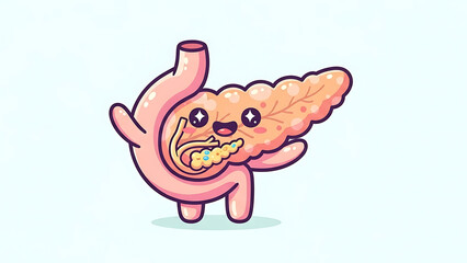 Vibrant cartoon illustration of a smiling pancreas and duodenum, symbolizing digestive health, endocrine function, and medical awareness