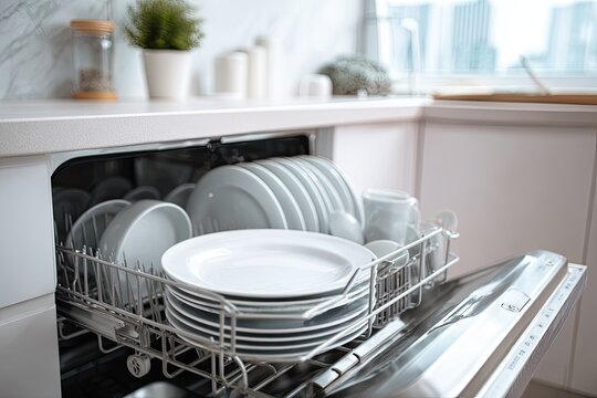 Close-up of open dishwasher filled with clean, white dishes; kitchen interior