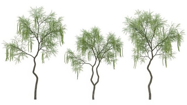 Moringa Trees Isolated on White Background, Green Leaves and Pods