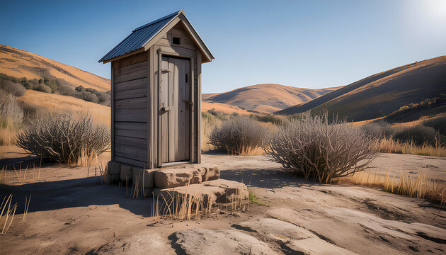 A small wooden outhouse stands on dry cracked ground surrounded by desert bushes and rolling hills under a clear blue sky in bright sunlight