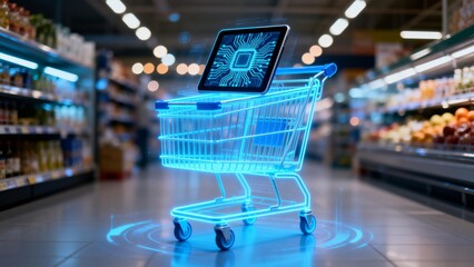 Smart shopping cart with digital screen in store