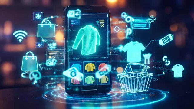 Holographic Rotating Shirt Above Smartphone Shopping App, Pulsing Red Buy Button Click, Cyan Neon Basket, Mobile E-Commerce Scene