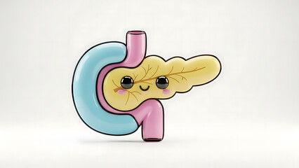 Adorable 3D illustration of a happy pancreas and connected digestive organs, symbolizing health, wellness, and vital human body functions with a friendly character design