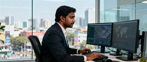 Man working at computer with city view