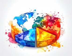 Colorful watercolor world pie chart with a globe-like background