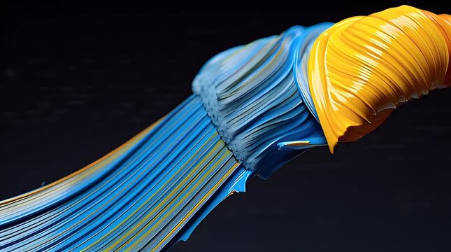 A close-up of a paintbrush with vibrant blue and yellow bristles against a dark background
