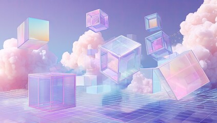 Floating translucent cubes with iridescent surfaces and puffy clouds. Abstract digital art