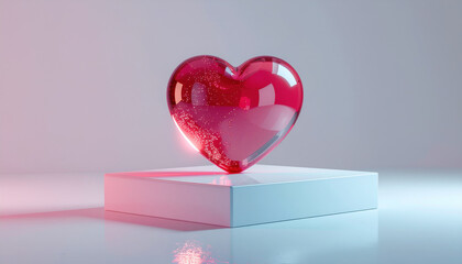 Glass romantic heart pink glossy transparent sparkle on a minimalist glossy white podium.