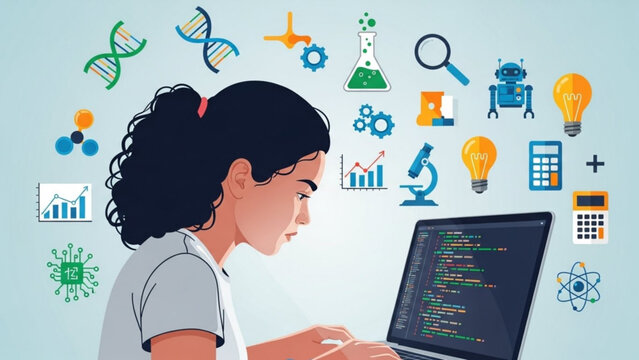 Young Woman Coding on Laptop with Science and Technology Icons