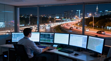 Man working at control room with city view