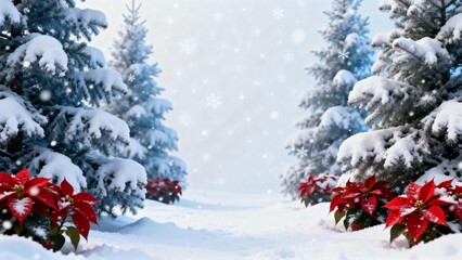 Snowy evergreen trees with red flowers