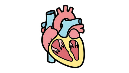 An anatomical illustration of the human heart, showcasing its chambers and major vessels in a clear, simplified style for educational purposes