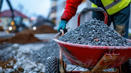 Construction worker transporting gravel in wheelbarrow at construction site during gray winter day showcasing active building process