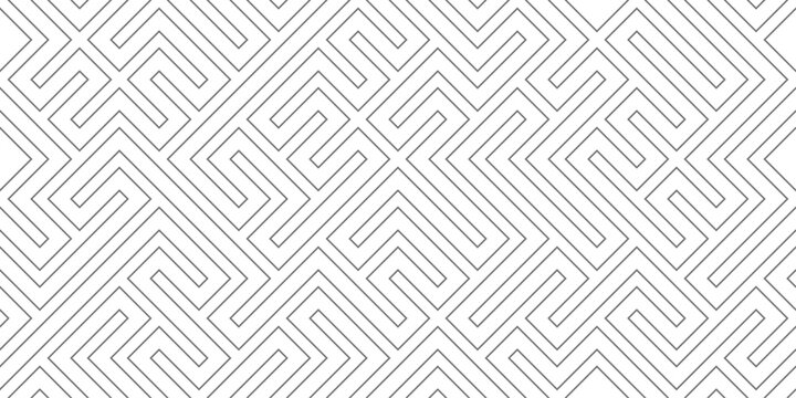 Seamless geometric maze pattern with interlocking angular lines in light gray tones creating soft abstract labyrinth background for surface design, wallpaper, textile, stationery