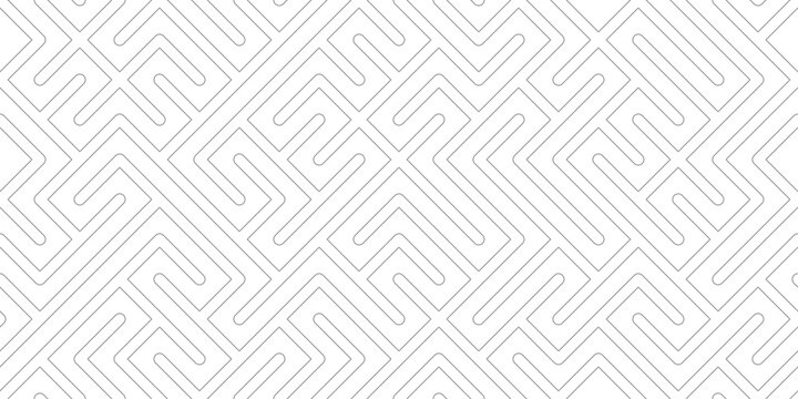 Seamless geometric maze pattern with interlocking angular lines in light gray tones creating soft abstract labyrinth background for surface design, wallpaper, textile, stationery