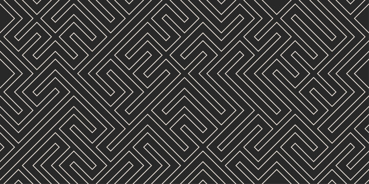 Seamless geometric maze pattern with interlocking angular lines in black and white creating abstract labyrinth background for surface design, wallpaper, textile, packaging and modern graphic use