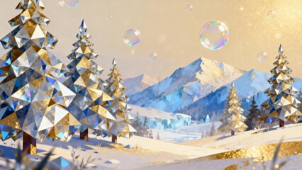 Snowy mountain landscape with geometric trees