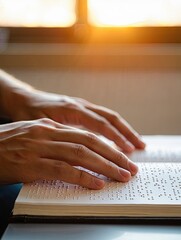 Hand reading braille text in book with warm sunlight streaming through window, fingers touching raised dots on page for tactile literacy