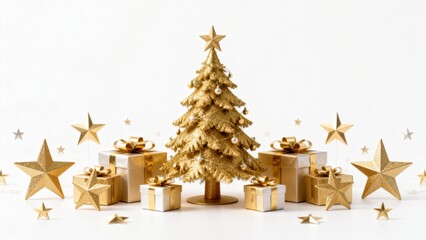 Golden Christmas tree with gifts and stars