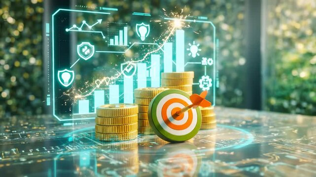 Cinematic financial success scene with golden coin stacks, dart hitting bullseye, glowing holographic charts, and neon cyan-orange reflections