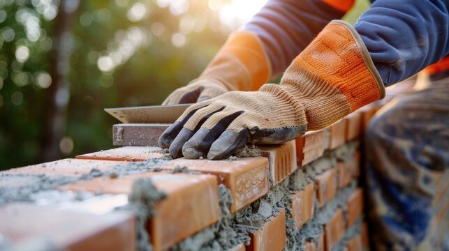 Skilled Masonry Construction Work with Hands in Gloves Operating a Trowel on Brick Wall During Daylight in Outdoor Setting