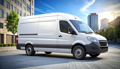 Ultra-realistic rendering of a clean, modern white commercial panel van, perfectly parked in an urban setting, ideal for cargo and delivery services and brand customization