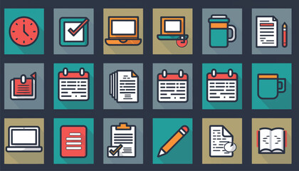 Workspace and Productivity Icons - Flat Colorful Vector Illustration