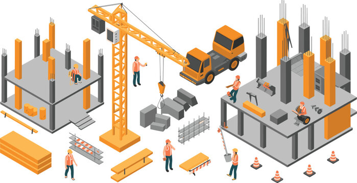 Isometric construction site illustration, workers building concrete structures with crane and machinery, industrial development process, modern engineering project design