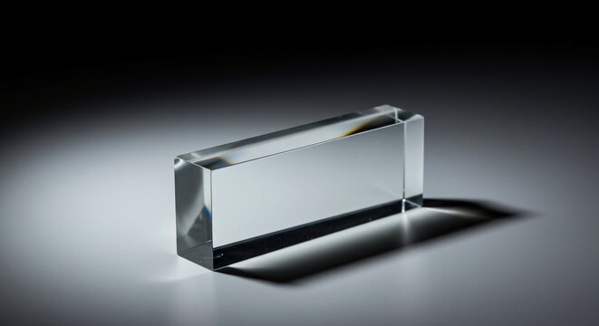 An unfinished clear glass optical prism blank, showing raw material quality and precise geometric form on a clean studio surface, equipment, glass, clear