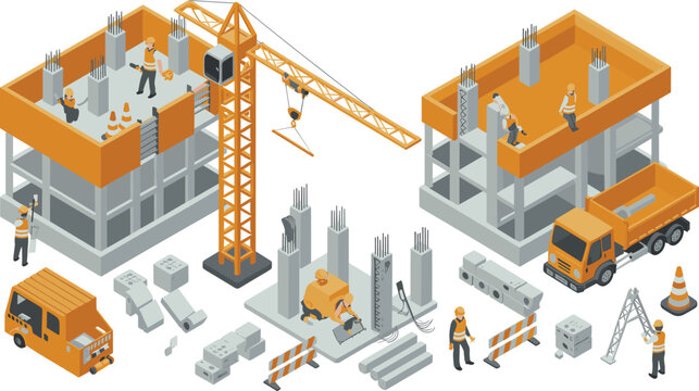 Isometric construction site illustration, workers building concrete structures with crane and machinery, industrial development process, modern engineering project design