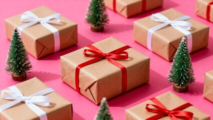 Gift boxes and miniature Christmas trees