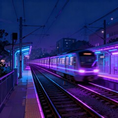 Naklejka premium Neon lit train at night station
