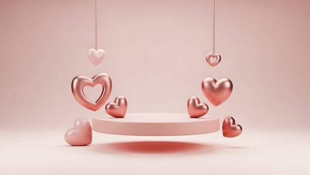 Rose gold podium with hanging and floating hearts for valentine product display