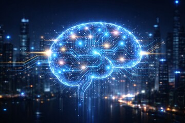 Artificial intelligence brain concept with glowing blue digital circuits and neural network connections in futuristic server room background for machine learning technology and cyber science data