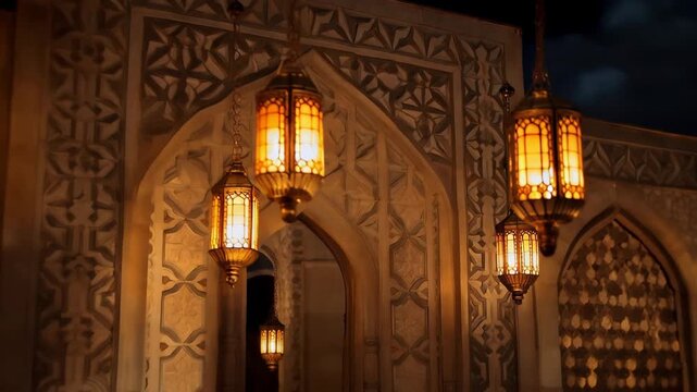Warm Arabic Lanterns Lighting an Ancient Mosque Wall