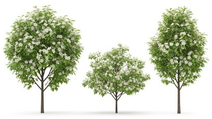 Obraz premium Blossoming Trees on White Background - Spring Nature, Isolated Plants, 3D Render