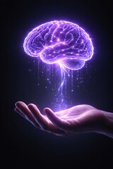Human hand holding glowing purple digital brain hologram on dark background for artificial intelligence healthcare mental health psychology and futuristic medical science research innovation concept