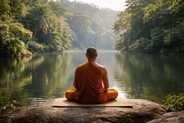 Peaceful meditating sitting near calm green lake water in tropical forest nature background concept for mindfulness spiritual zen yoga and mental wellness relaxation