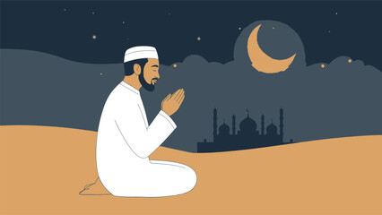 Islamic Prayer Vector Illustration Peaceful Ramadan Night Worship Scene