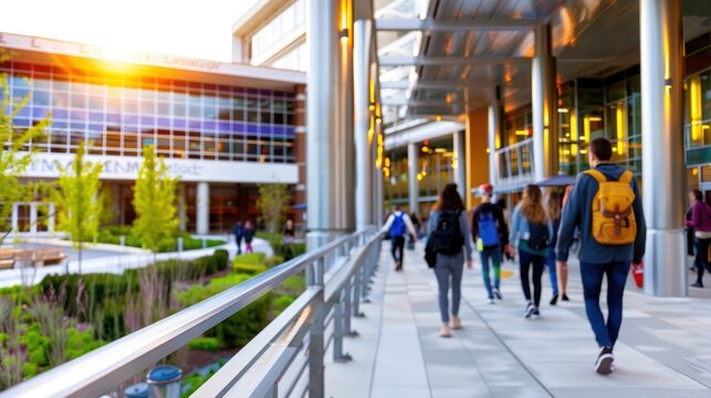 Busy university walkway with students walking and modern campus architecture in sunny weather during evening hours