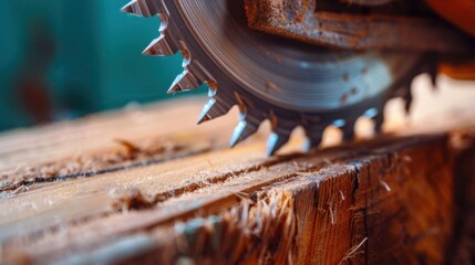 Close-Up of Circular Saw Cutting Through Wooden Plank in Workshop Environment for Carpentry and Woodworking Projects