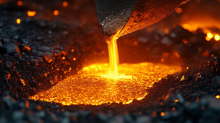 Molten metal pouring in a fiery stream, showcasing intense heat, industrial process, and dynamic flow with glowing liquid metal in a high-energy manufacturing scene